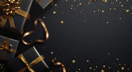 black gift boxes with gold ribbons, Black background with golden stars and black, top view,  a banner design template for a Happy Birthday or special event celebration.