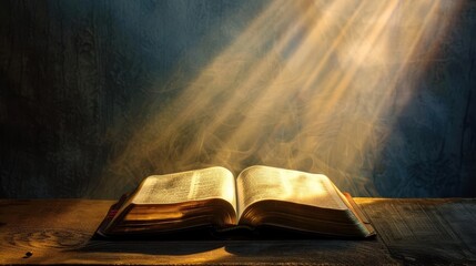 Wall Mural - radiant light emanating from an open bible symbolizing divine wisdom and spiritual enlightenment conceptual still life