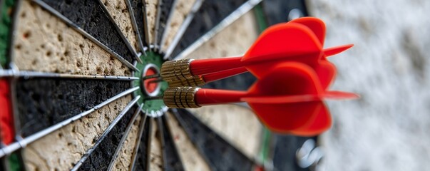 Close-up of three red darts hitting the bullseye on a dartboard, symbolizing accuracy and precision in aiming and achieving goals.