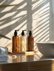 Aufkleber - Stylish bottles of shampoo and conditioner on a bathroom counter. Generative AI