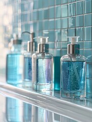 Poster - A close-up shot of stylish shampoo and conditioner bottles on a glass shelf in a modern bathroom setting. Generative AI