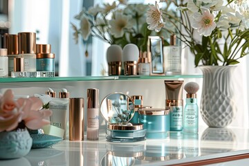 Aufkleber - A close-up view of a vanity table with a mirror and an array of cosmetic products. Generative AI