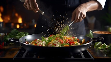 Wall Mural - A close-up of a chef's hands in action, tossing ingredients in a pan with skill and finesse
