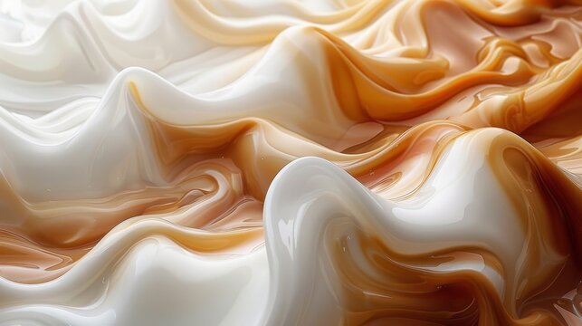 Artistic representation of creamy swirls in a caramel and white palette, resembling a luxurious fluid fabric