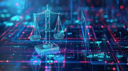 Poster - scales of justice balancing on futuristic data center symbolizing the intersection of law and technology concept illustration