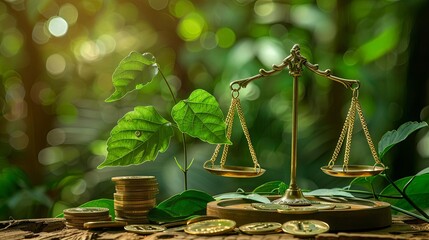 Poster - scales of justice green leaves and coins symbolizing investments in environmental law and ecological protection conceptual still life photography