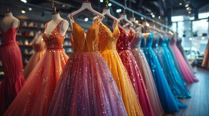 Wall Mural - Evening dresses in various vibrant colors displayed on hangers against a shop interior, showing fashion variety