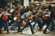 © Dalibor - A crowd of people running through a mall. The scene is chaotic and busy, with people carrying backpacks and handbags. Scene is frenzied and energetic, as the people seem to be in a hurry