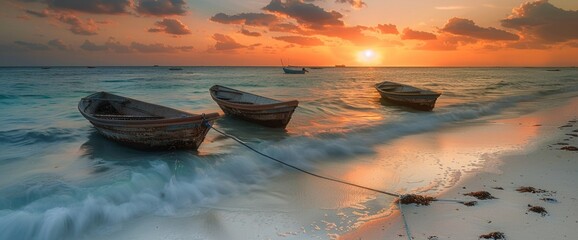 Wall Mural - Beautiful sunset at the beach with boats.