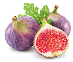 Wall Mural - Fig fruits with fig leaves and fig pieces isolated on white background. File contains clipping path.