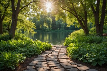 Wall Mural - A stunning, vibrant natural landscape in summer or spring featuring a lake in a park, enveloped by lush green tree foliage in the sunlight, with a stone path in the foreground.