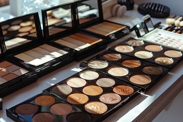Poster - A close-up image of various contouring and highlighting makeup palettes, showcasing a collection of rich colors and textures. Generative AI