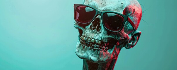Wall Mural - A cool zombie with a bloody face and sunglasses is the main focus of the image. The zombie face is covered in blood and he is wearing sunglasses
