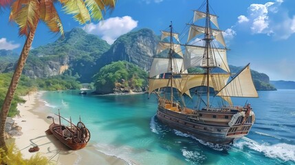 Wall Mural - A large white ship sails in the ocean near a beach