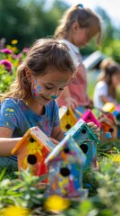 Children having fun painting colorful birdhouses outdoors in a garden, engaging in creative and playful activities under the sun.