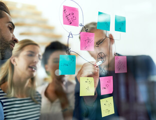 Aufkleber - Business people, hand and writing on glass with sticky notes for project, statistics and tasks schedule. Employee, team calendar and planning ideas in office for brainstorming, strategy and solution