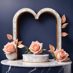 A gold white marble podium pink peach rose flower and heart dark blue background