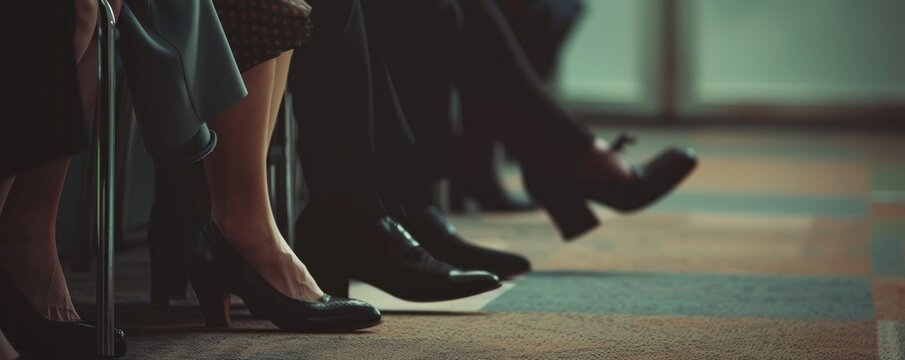 Three people sitting on chairs with their legs crossed. Close up of business peoples legs waiting for a job interview.
