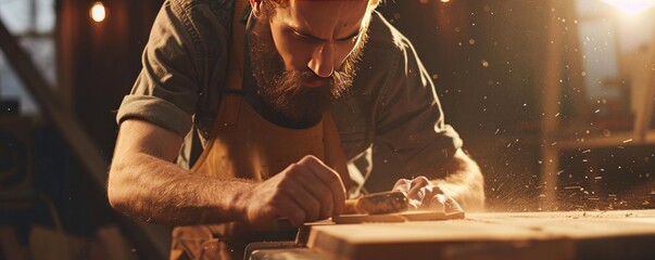 A person is working on a piece of wood with a saw. Concept of craftsmanship and dedication to the task at hand