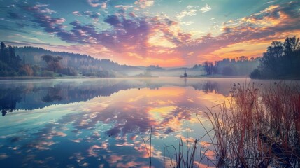 Wall Mural - serene lake reflection tranquil nature landscape photography