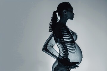 Wall Mural - A pregnant woman's silhouette is seen through an X-ray. Utero. Roentgenogram. Pregnancy. X-ray photograph. Skeleton. Bones. Transparent. Human anatomy. Mother. Copy space. Fetus. Medicine. Gravid