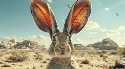 A jackrabbit with large ears stares directly at the camera in the desert