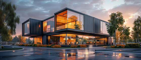 Contemporary container office building with glass walls and evening sunlight