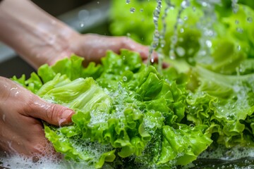 Hands washing vegetable vegetables fruits fresh organic food diet eco non-processed supply cooking sink household cooking chef ready to prepare a meal healthy eating habit carrot lettuce water flow