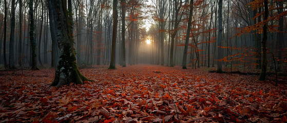 Wall Mural - A tranquil forest with a carpet of fallen leaves