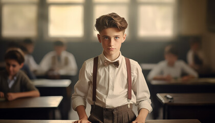 Wall Mural - A boy in a school uniform stands in front of a group of other children