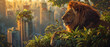 © Starkreal - A lion perched on the edge of a citys rooftop garden