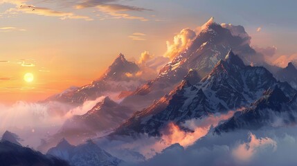 Wall Mural - serene sunrise over misty mountain peaks capturing natures majestic beauty digital painting