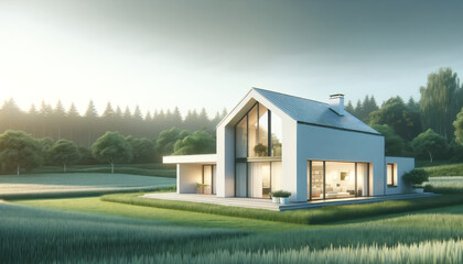 Aufkleber - Modern house amidst green fields at dawn, realistic style, on a natural forested background, concept of tranquility. Generative AI