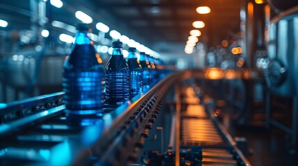 Wall Mural - Beverage plant with blue-tinted lighting, conveyor belt carrying juice bottles, industrial production line at work.