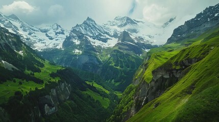 Sticker - serene swiss mountain landscape with snowcapped peaks and lush green valleys idyllic alpine scenery