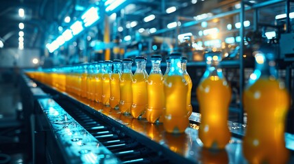Wall Mural - Beverage plant with blue-tinted lighting, conveyor belt carrying juice bottles, industrial production line at work.