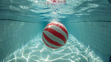 Underwater view of a striped beach ball floating in the crystal clear water of a swimming pool