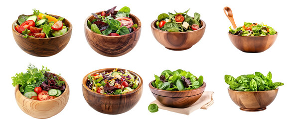 Poster - set of salads in a wooden bowl isolated on transparent background 