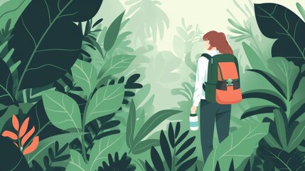 Wall Mural - An illustration in 2D flat style depicting an eco-friendly traveler hiking through a lush forest with a reusable water bottle and a backpack. The minimalist design highlights the importance of