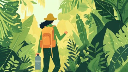 Wall Mural - An illustration in 2D flat style depicting an eco-friendly traveler hiking through a lush forest with a reusable water bottle and a backpack. The minimalist design highlights the importance of