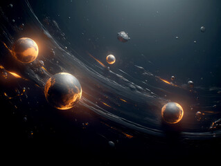 Poster - Spheres with fiery trails in space, digital art, on a dark background, concept of cosmic activity. Generative AI