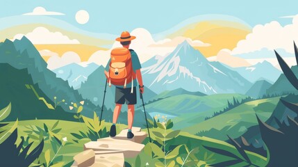 an illustration in 2d flat style featuring low-impact travel, with a traveler hiking on a well-maint