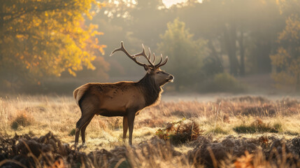 Wall Mural - Majestic red deer standing in morning sunlight in autumn field