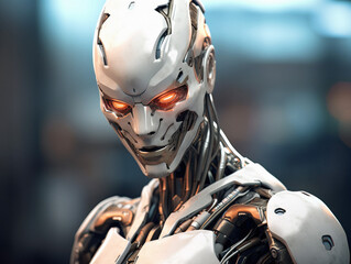 Poster - Close-up of a realistic robot head with glowing orange eyes on a blurred background, evoking concepts of AI and technology. Generative AI