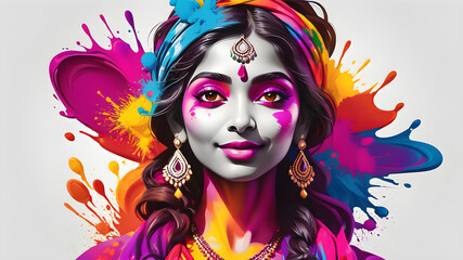 Wall Mural - Indian woman with colored paints in Holi Festival themed logo icon symbol on white background. Generative AI