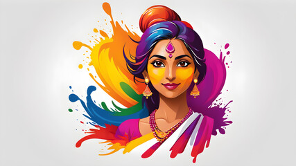 Wall Mural - Indian woman with colored paints in Holi Festival themed logo icon symbol on white background. Generative AI