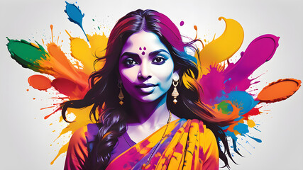 Wall Mural - Indian woman with colored paints in Holi Festival themed logo icon symbol on white background. Generative AI