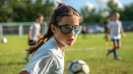 Young girl wearing protective eyewear plays soccer on a sunny day highlighting children’s eye health and safety during sports activities