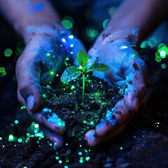Wall Mural - Hands with some soil and a small tree sprouting with blue and green lights around, nature and plants. The hope and power of life rising from the earth. Earth Day concept