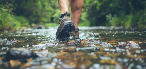 Wall Mural - Close up of feets with hiking shoes from a man or woman walking in the river. Travel and hiking in the mountains concept.